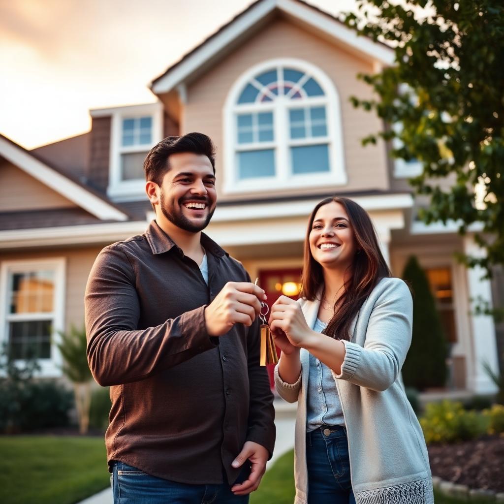 Happy couple receiving keys to their new home
